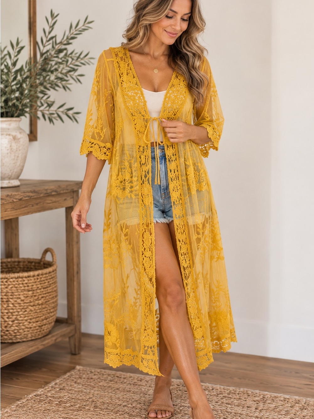 Women’s Mustard Lace Sheer Duster Jacket